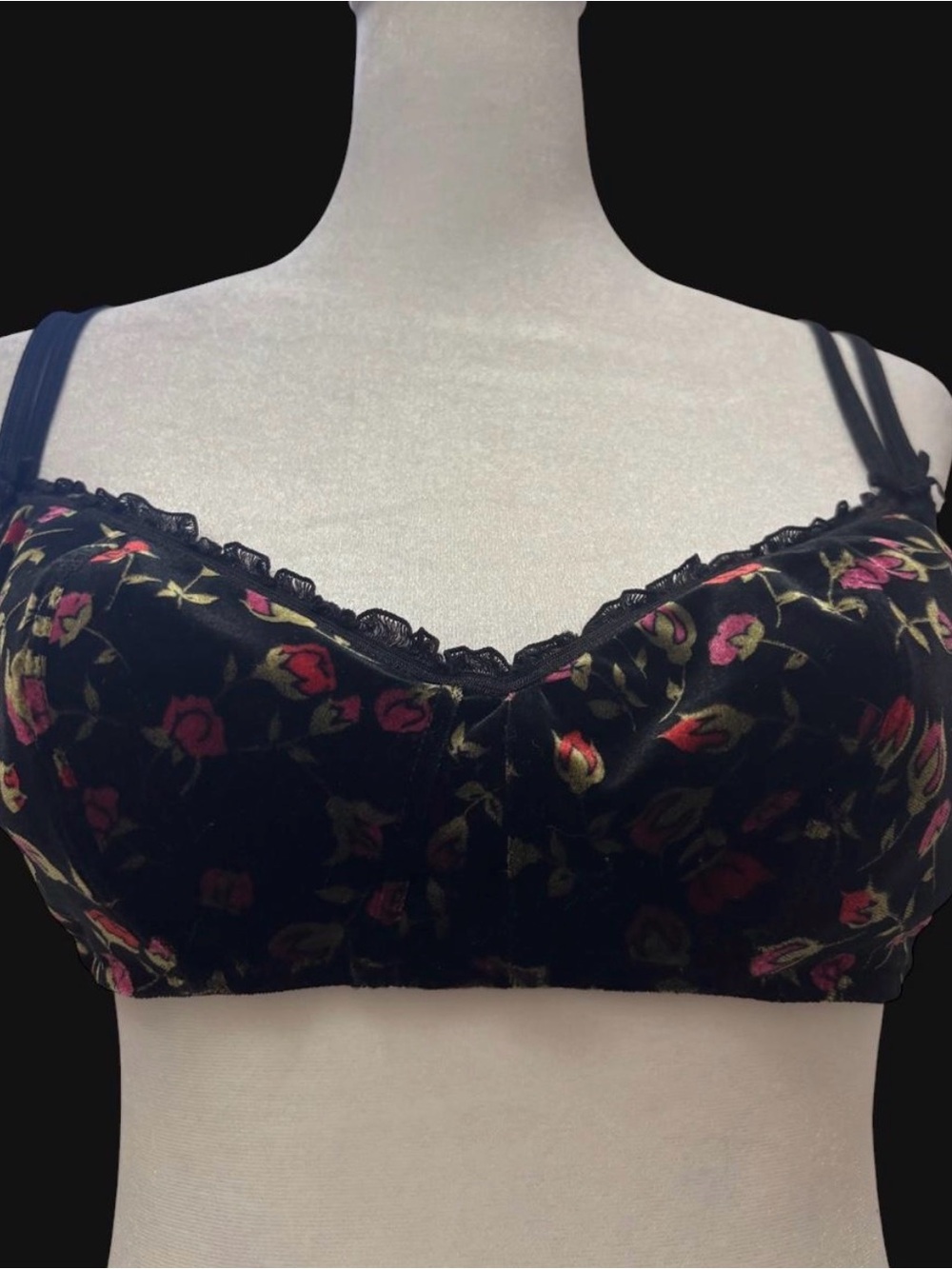 🥀Vintage Y2K Rampage Black Velvet Floral Bra 36C Dark Romance Coquette Grunge